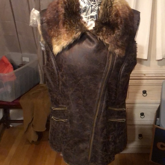 Members Only  size XL brown faux leather & fur zip front moto style pockets - Picture 14 of 15